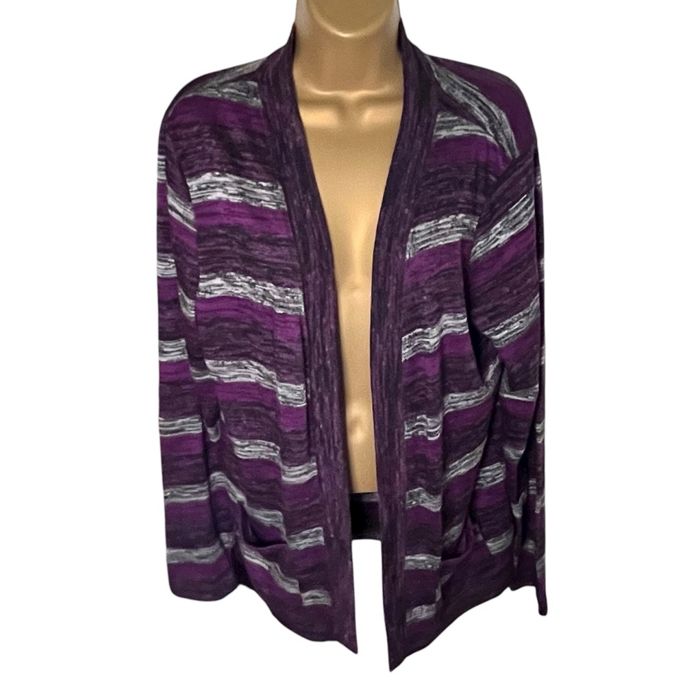 Studio Works Open Front Cardigan Lightweight Striped Purple Gray M